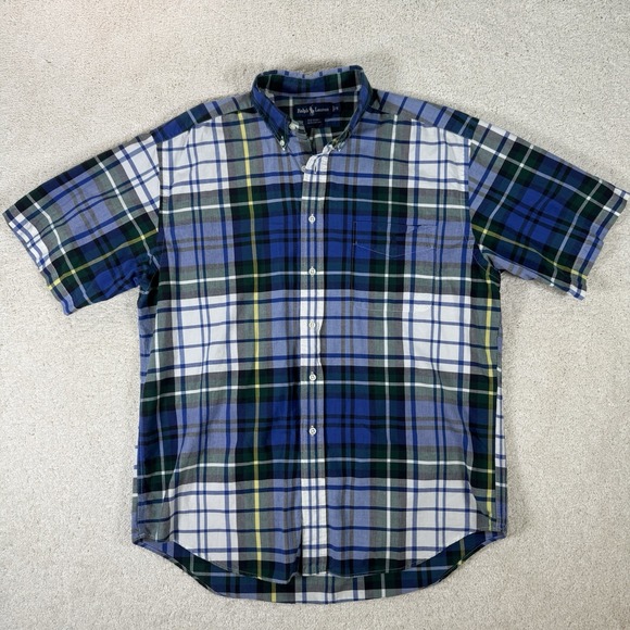 Ralph Lauren Men's Button Up Shirt Size Medium Big Shirt Short Sleeve Blue Plaid - Picture 2 of 8